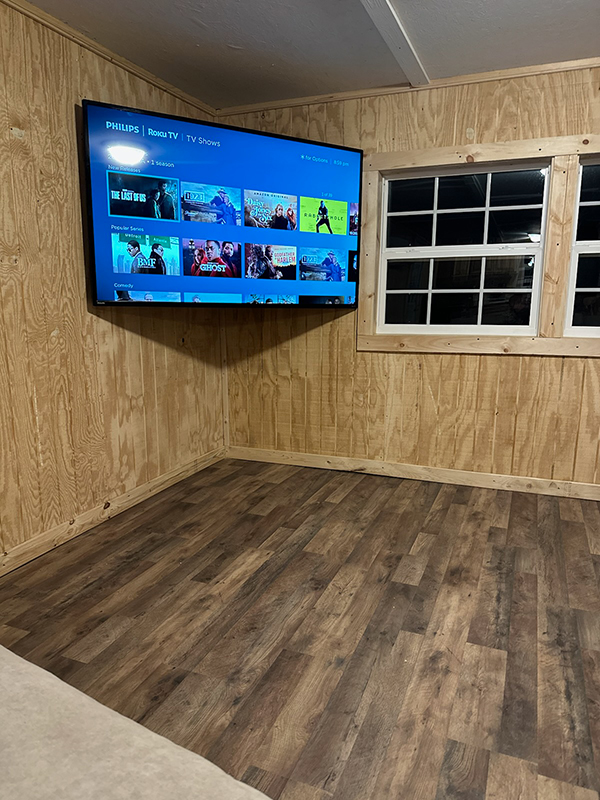 Big screen TV in the cabin livingroom